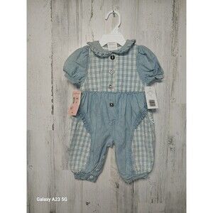Vintage Little Me Girls Size 3 Months Cotton Blue Plaid Chambray Jumper